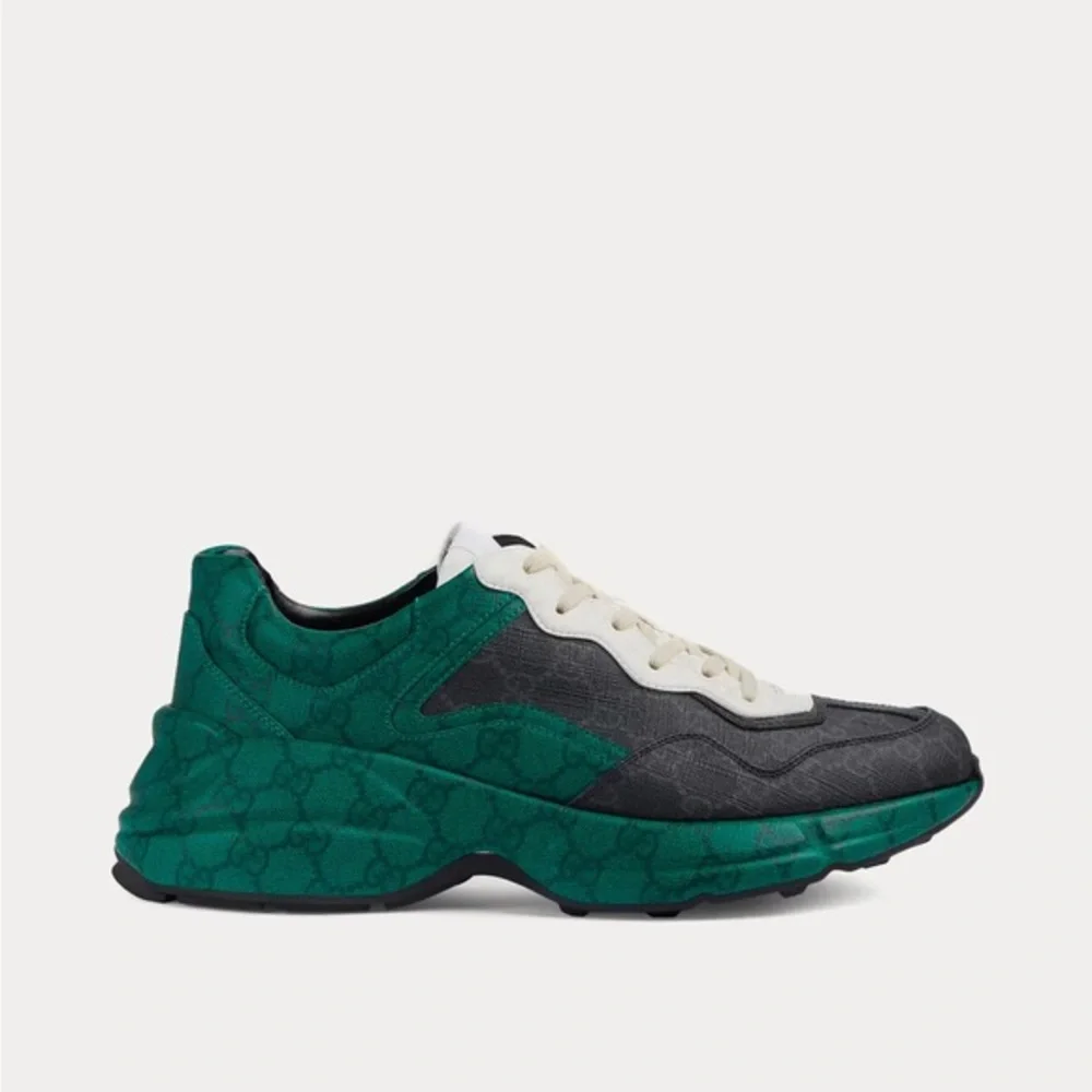 GUCCI MEN'S SHOES GREEN, BLACK & WHITE NYLON GG SUPREME RHYTON SNEAKERS - Picture 1 of 10